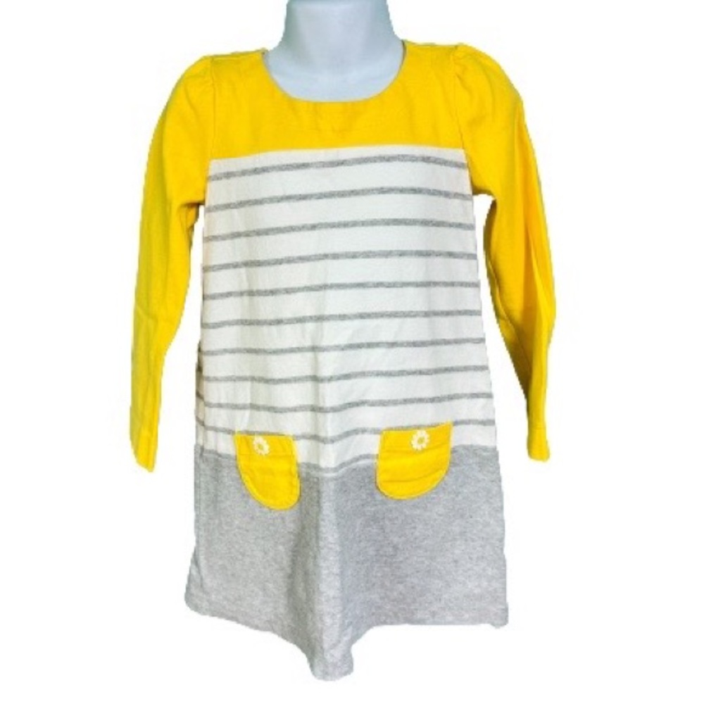 Gymboree Yellow White & Gray Long Sleeve Daisy Pocket Dress Girls Size 5